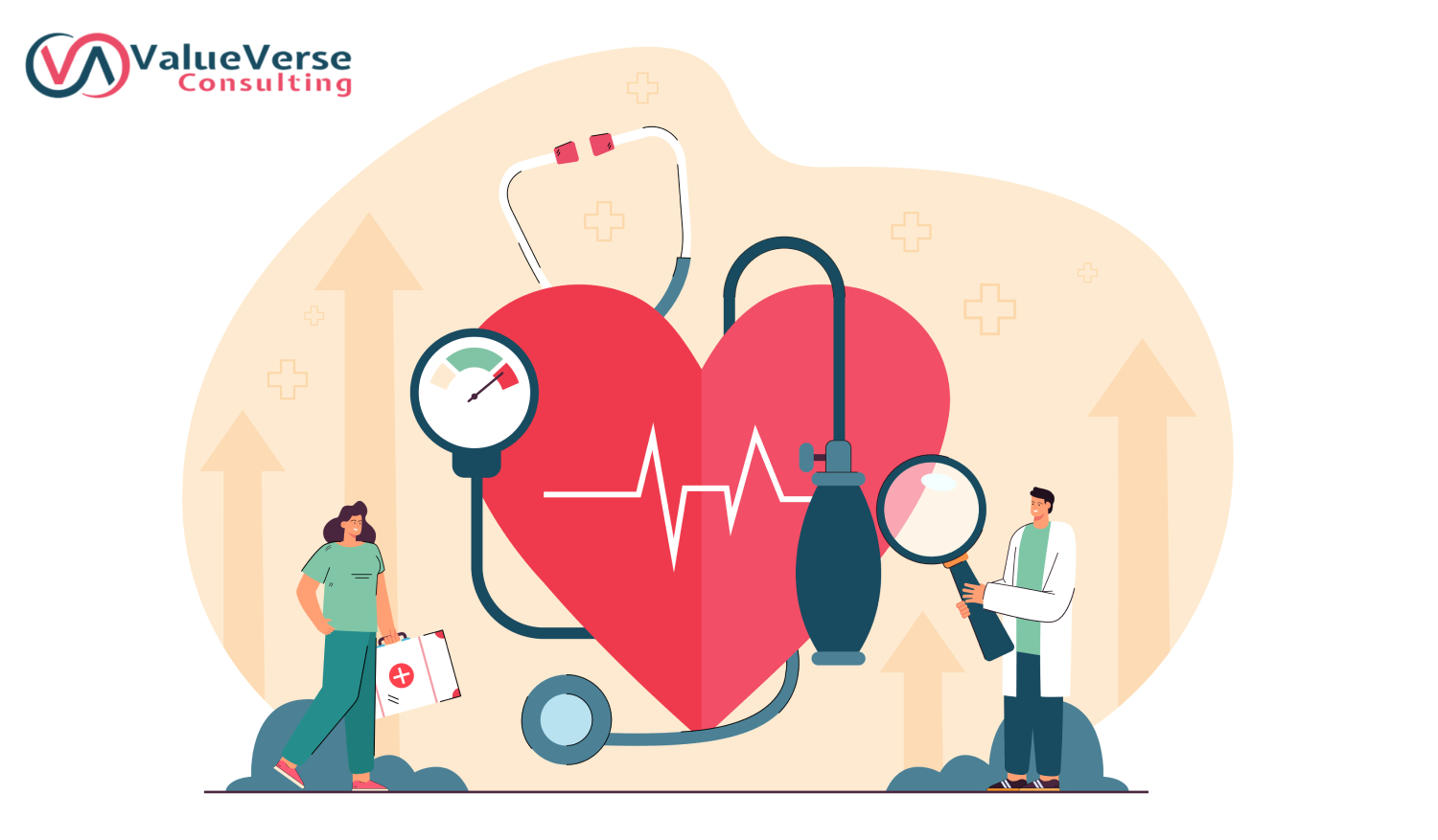 Tiny cardiology doctor and nurse examining heart, blood pressure